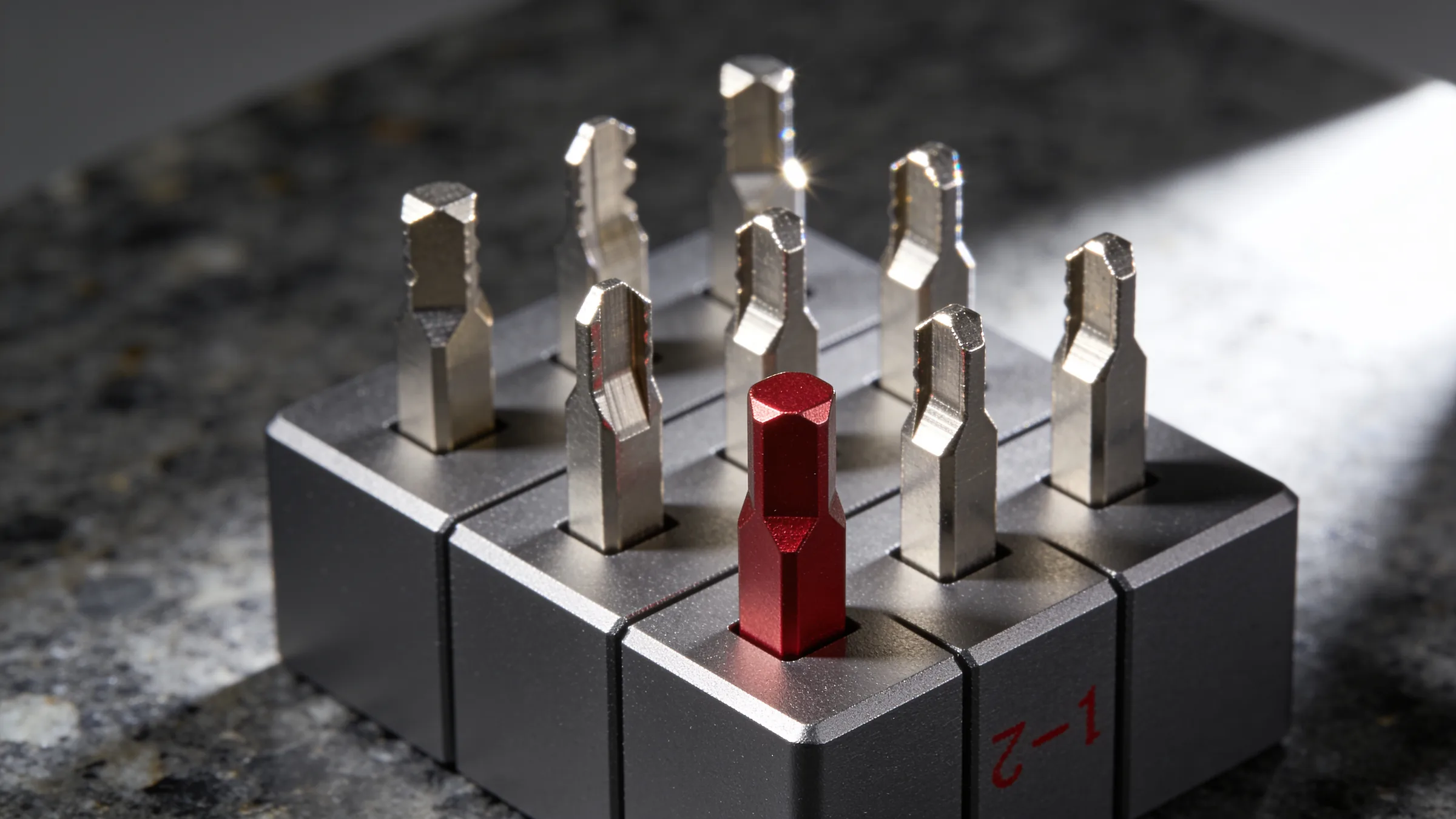 Machined steel key blanks seated flush in a solid dark anodized block, one of them anodized red, the seams tight and even.