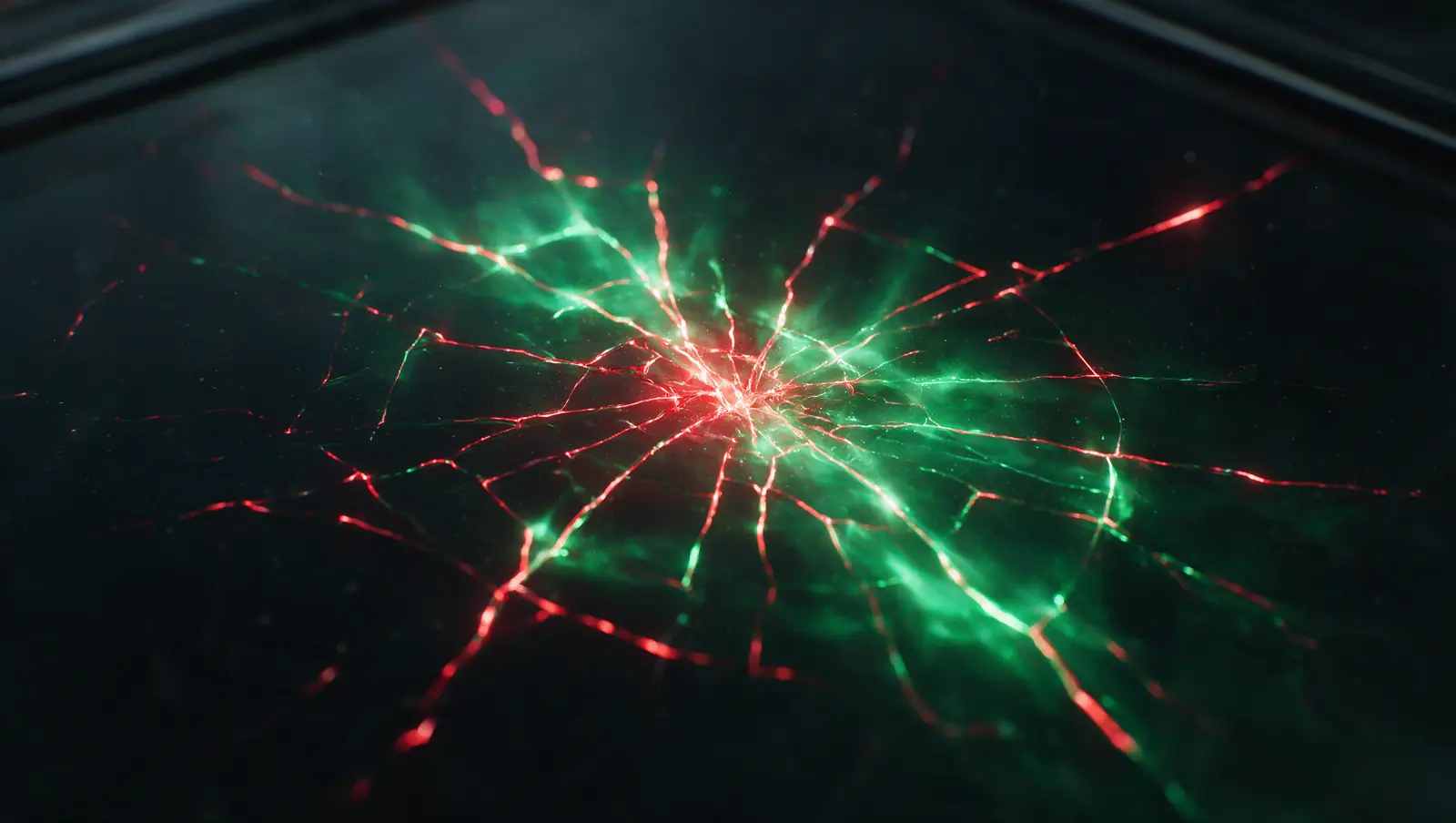 A cracked surface, its red fault-lines being sealed by emerald light — a vulnerability diagnosed and fixed.